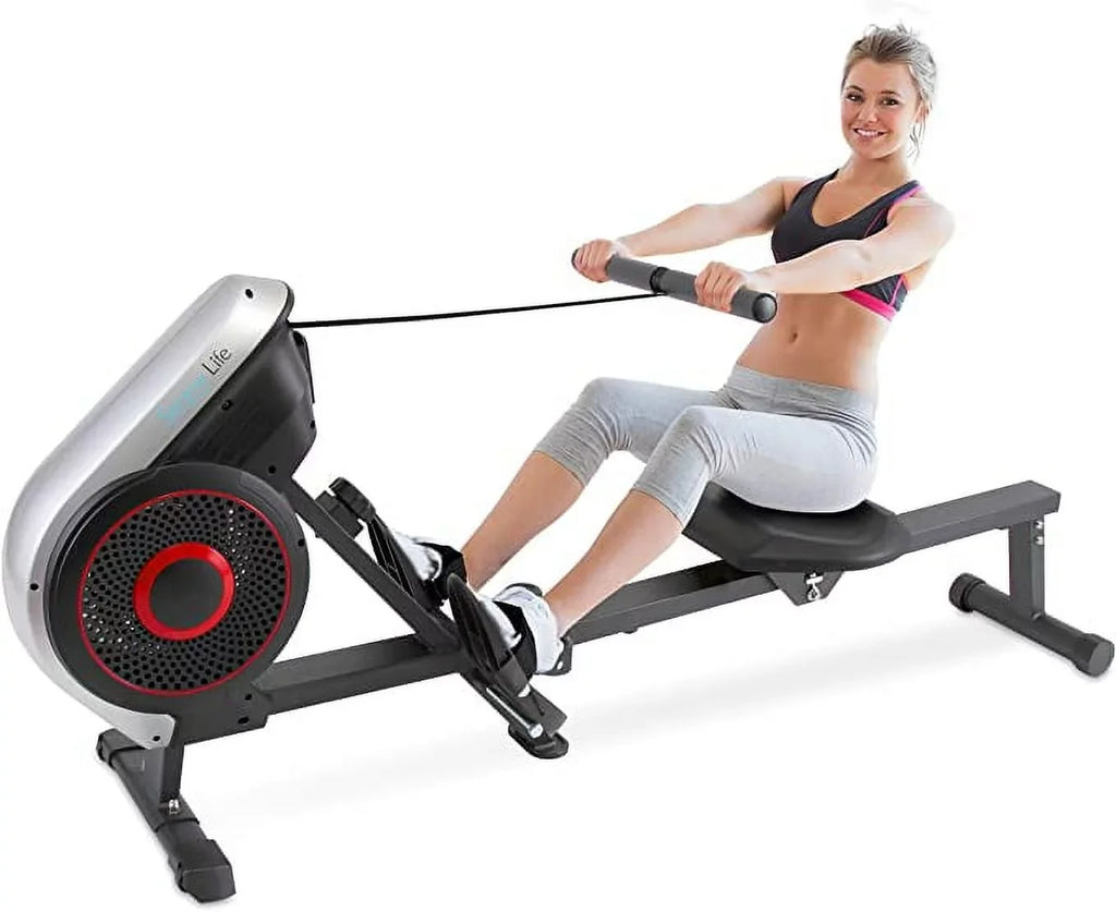 SereneLife Rowing Machine Air and Magnetic Rowing Machine Rowing Exercise Machine for Gym, Selectable Resistance (8) Levels (Black)