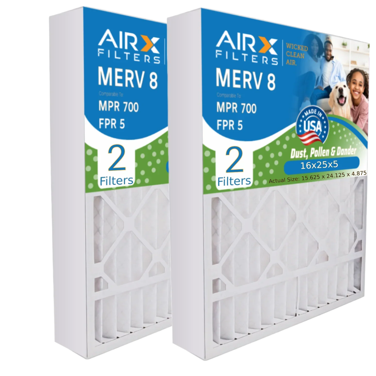 16x25x5 Air Filter MERV 8 Comparable to MPR 700 & FPR 5 Suitable with Skuttle #000-0448-001 DB-25-16 Premium USA Made 16x25x5 Furnace Filter 2 Pack by AIRX FILTERS WICKED CLEAN AIR.