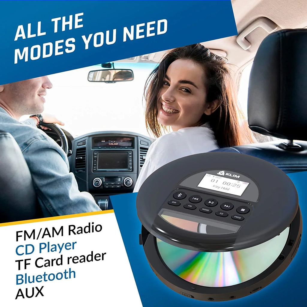 Pre-Owned KLIM Nomad Portable CD Player Discman with Fusion Headphones, Rechargeable Battery, MP3, TF Card, AM FM Radio, Bluetooth- Perfect for Cars, Black (Refurbished: Good)