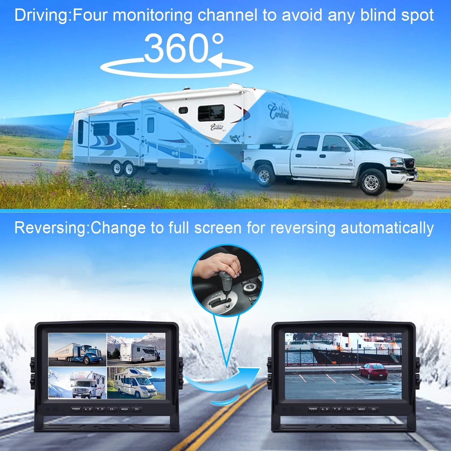 eRapta A9 RV Backup Camera System with 9’’ Large Monitor, Backup camera for RV Car Box Truck Trailer HD Rear and Side View Camera Quad 4 Split Screens Advanced DVR Record Function IP69 Waterproof