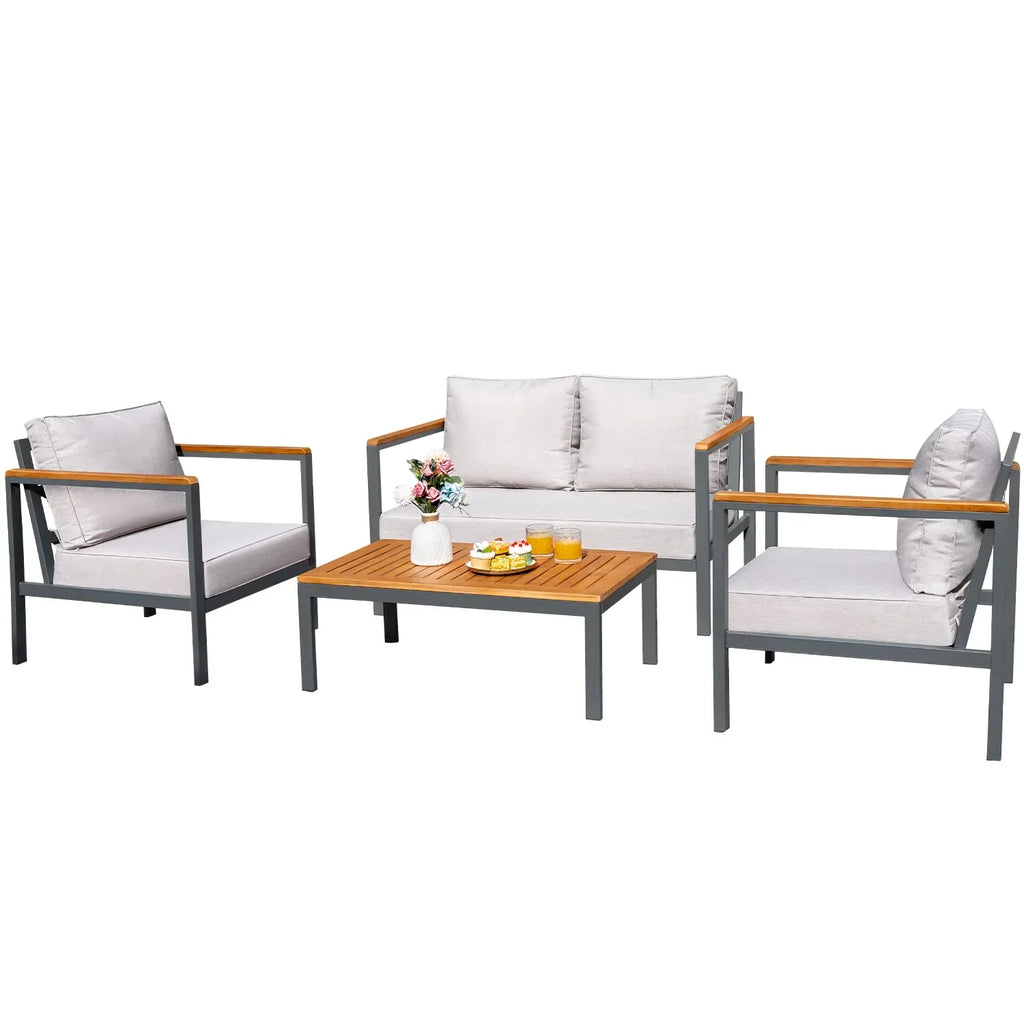 Devoko 4 Pieces Patio Conversation Set Outdoor Metal Frame Table and Thick Cushion, Gray