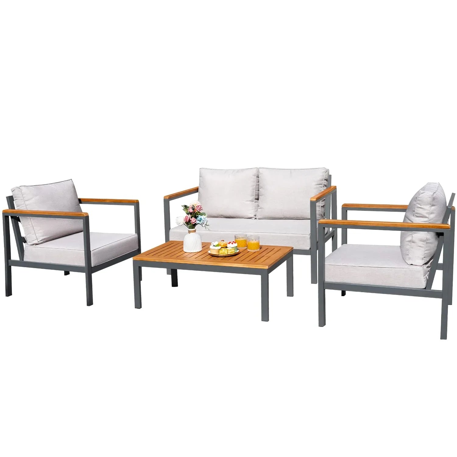 Devoko 4 Pieces Patio Conversation Set Outdoor Metal Frame Table and Thick Cushion, Gray