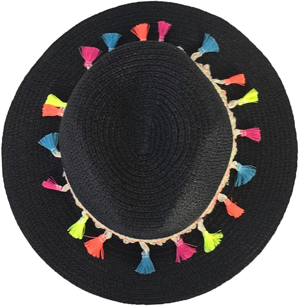 Fashion Culture Festive Tassel Straw Panama Hat, Black