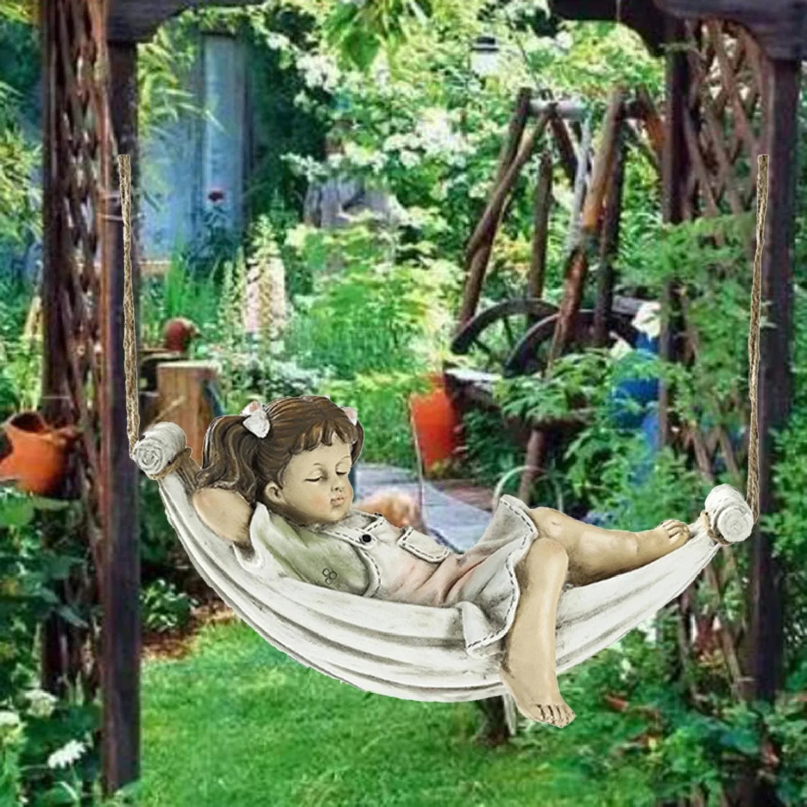 Girls on Swing Garden Statue, Yard Pond Fountain Decorative Figurine Tree Hanging Sculpture, Lawn Nordic Hand Landscaping Ornament Crafts