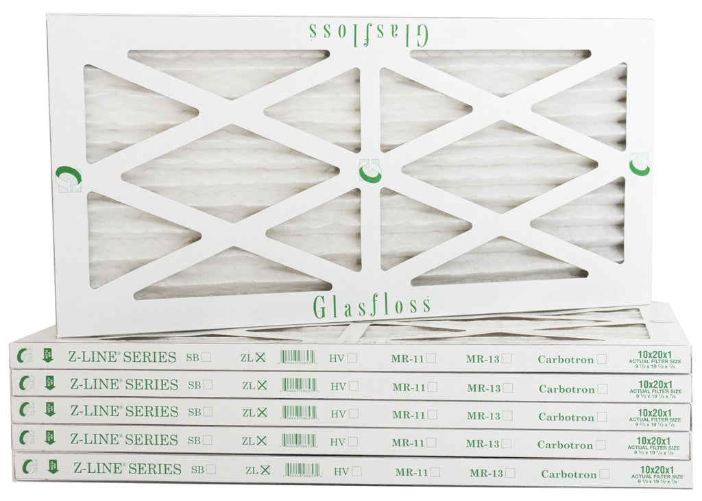 Glasfloss 10x20x1 - MERV 10 -Qty:6 - Furnace Air Filter - Made in USA (Actual Size: 9.5 x 19.5x7/8 inch)
