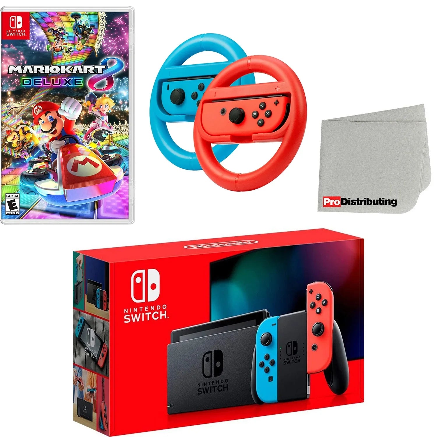 Nintendo Switch Console Neon Red & Blue with Mario Kart 8 Deluxe, Joy-Con Steering Wheel Set and Screen Cleaning Cloth