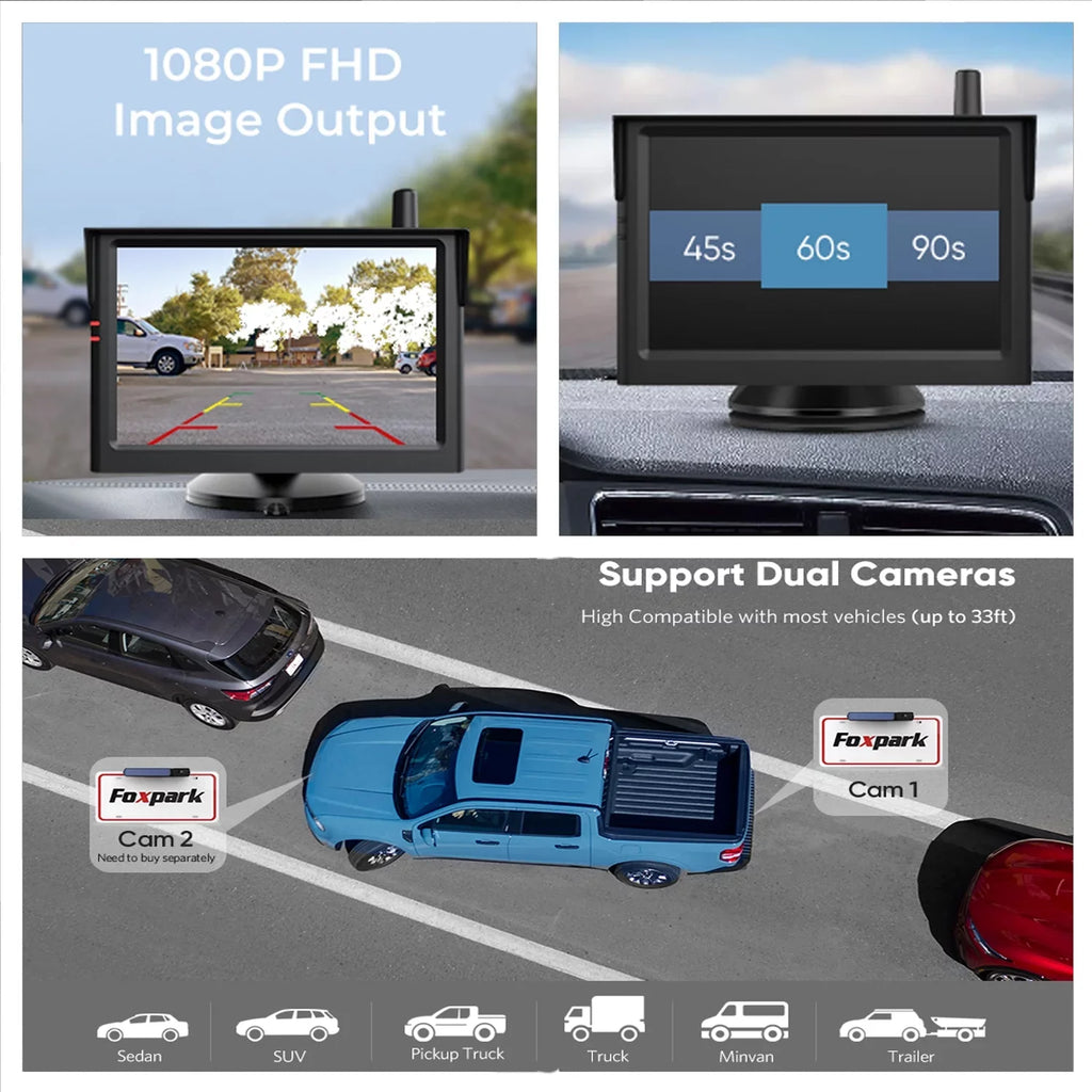 Wireless Backup Camera Solar Rear View Parking System for Car, 2 Channels Reverse Camera Wireless with Monitor Easy Installation,Solar Battery License Plate Camera for Trailer RV