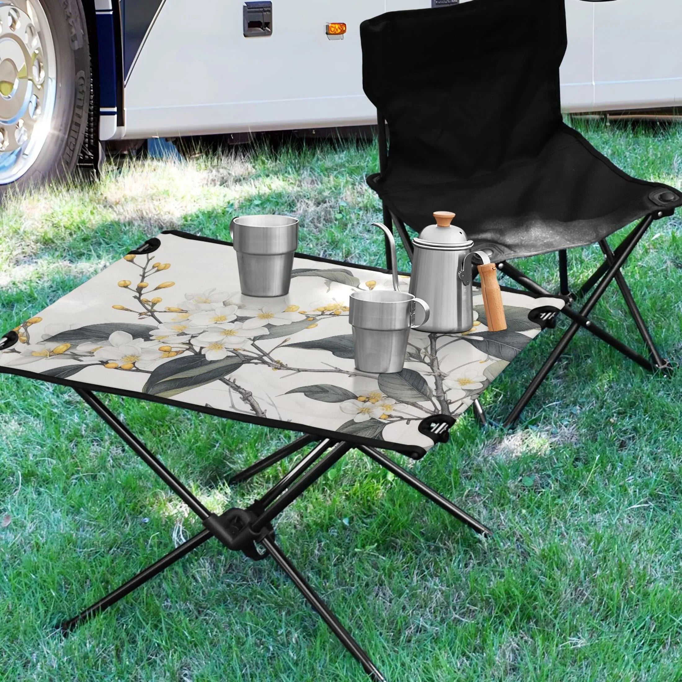 Blooming Jasmine Flowers Camping Foldable Portable Table Beach Table with Storage Bag Compact Picnic Table for Outdoor Hiking Fishing BBQ
