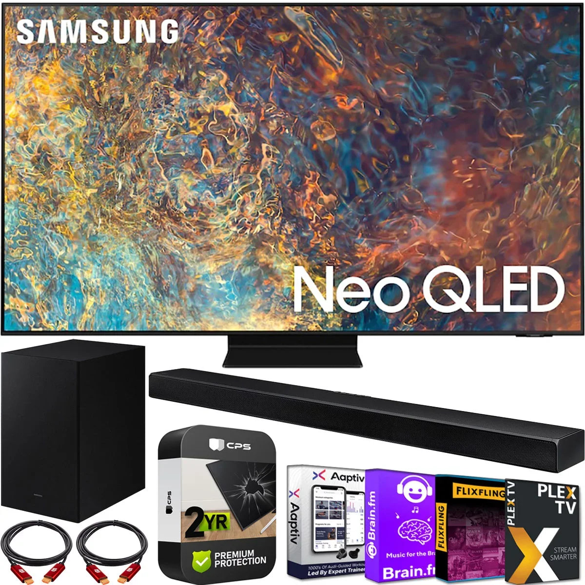 Samsung QN65QN90AA 65 Inch Neo QLED 4K Smart TV (2021) Bundle with HW-A650 3.1ch Soundbar and Subwoofer with Premium 2 Year Extended TV Protection Plan Streaming Kit Deco Gear 2 Pack HDMI Cables