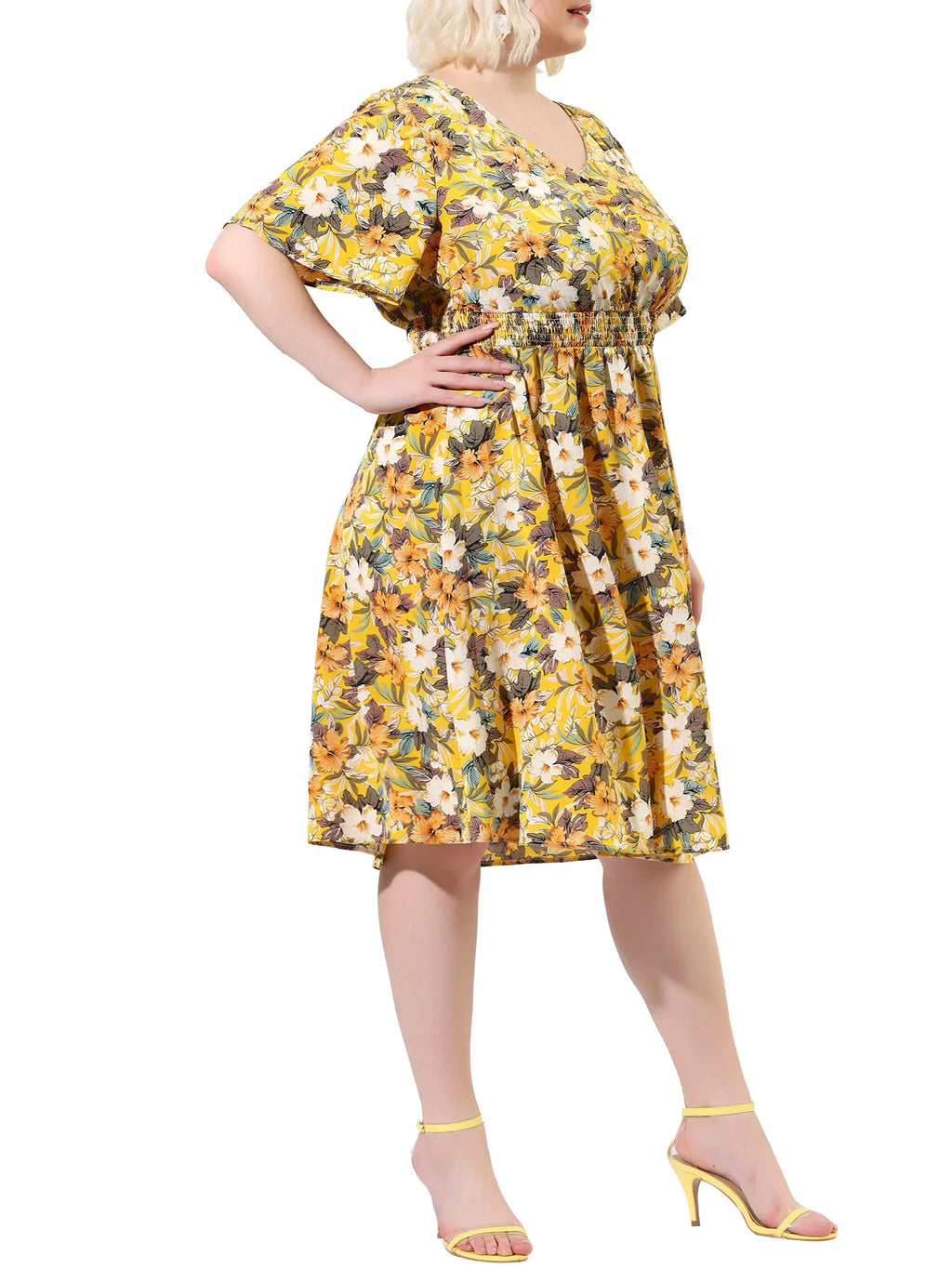 MODA NOVA Juniors' Plus V Neck Floral Print Flare Sleeve Casual Midi Dress Yellow 3X