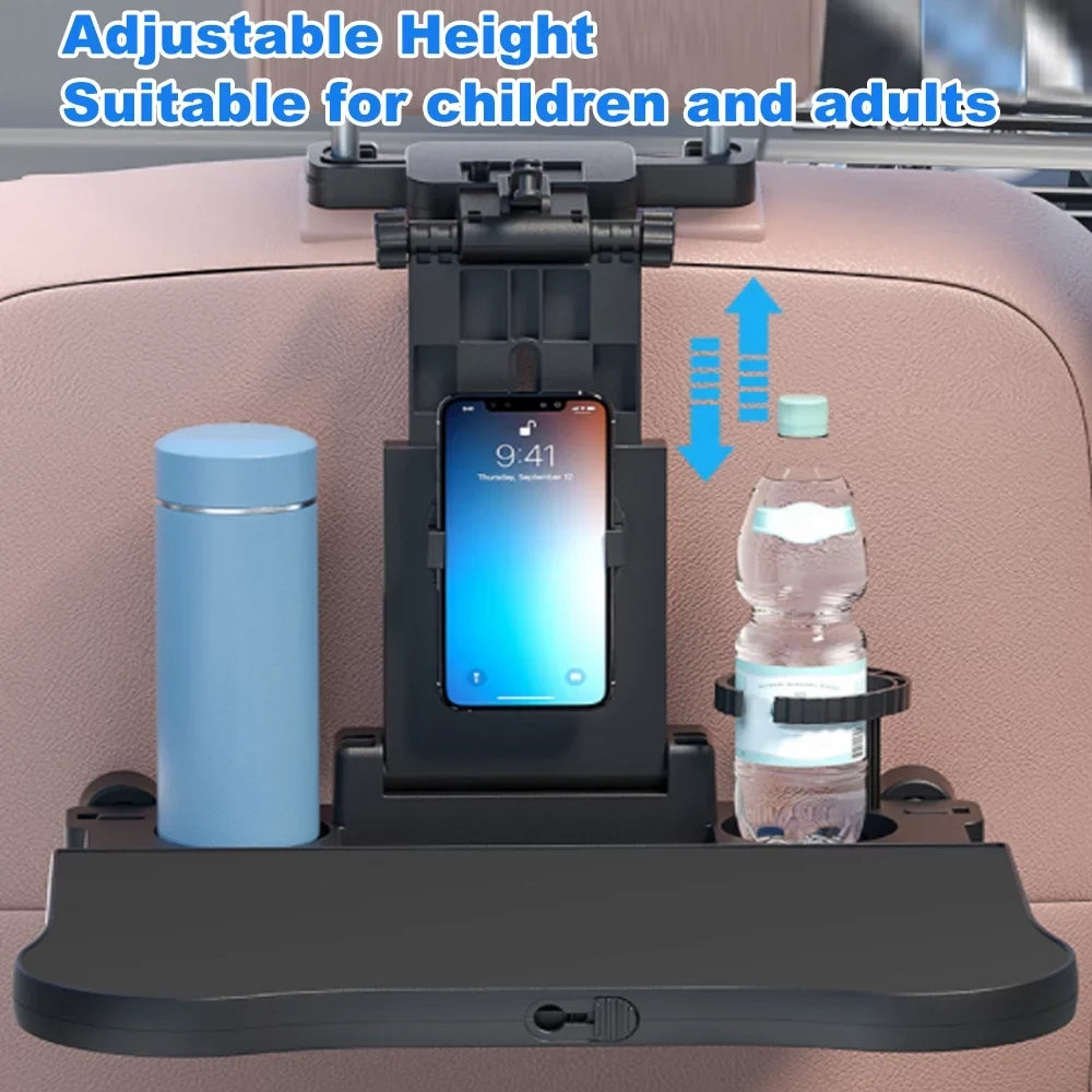 Nebublu Adjustable Car Seat Travel Table, Multifunctional Foldable Back Seat Food Tray with Phone Holder， Black