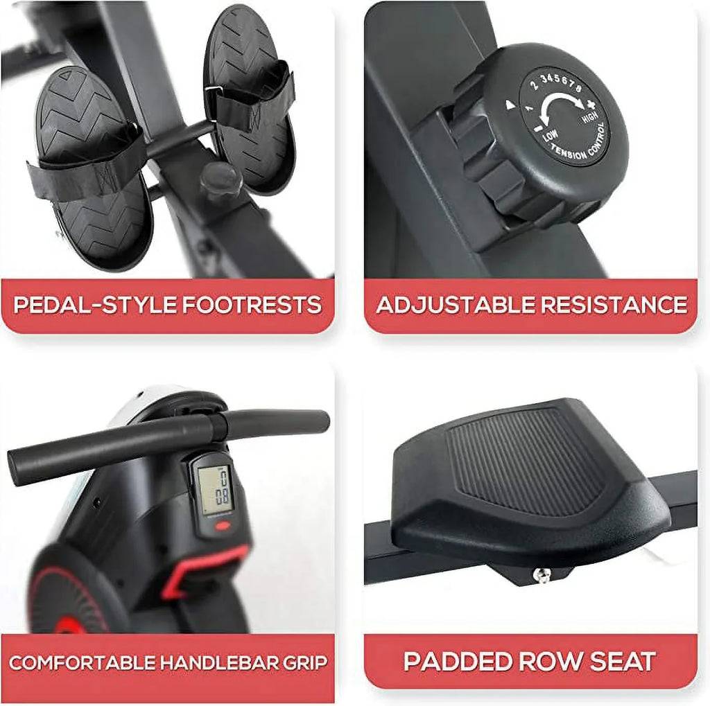SereneLife Rowing Machine Air and Magnetic Rowing Machine Rowing Exercise Machine for Gym, Selectable Resistance (8) Levels (Black)