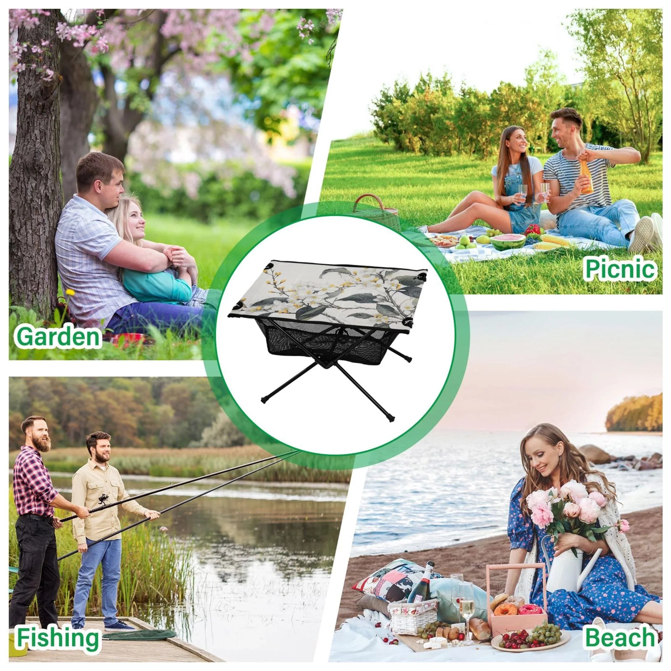 Blooming Jasmine Flowers Camping Foldable Portable Table Beach Table with Storage Bag Compact Picnic Table for Outdoor Hiking Fishing BBQ