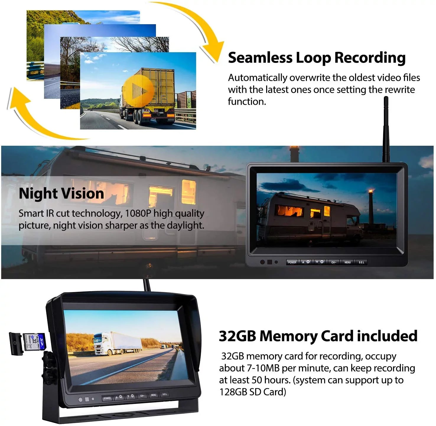 1080P Wireless Backup Camera w/ Built-in Recorder 9" FHD Monitor, Front Rear Side View Reversing Camera + Extra Stable Signal IP69 Monitor System for Truck RV Trailer Bus Motorhome Camper, Xroose WX4