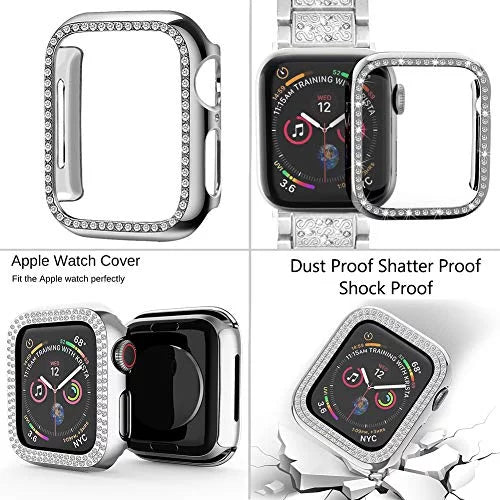 Mosonio Fitting with Apple Watch Band 42mm with Case Women, Jewelry Replacement Metal Wristband Strap with 2 Pack Bling PC Protective Protection for iWatch Series 3/2/1(Silver) Silver 42 mm