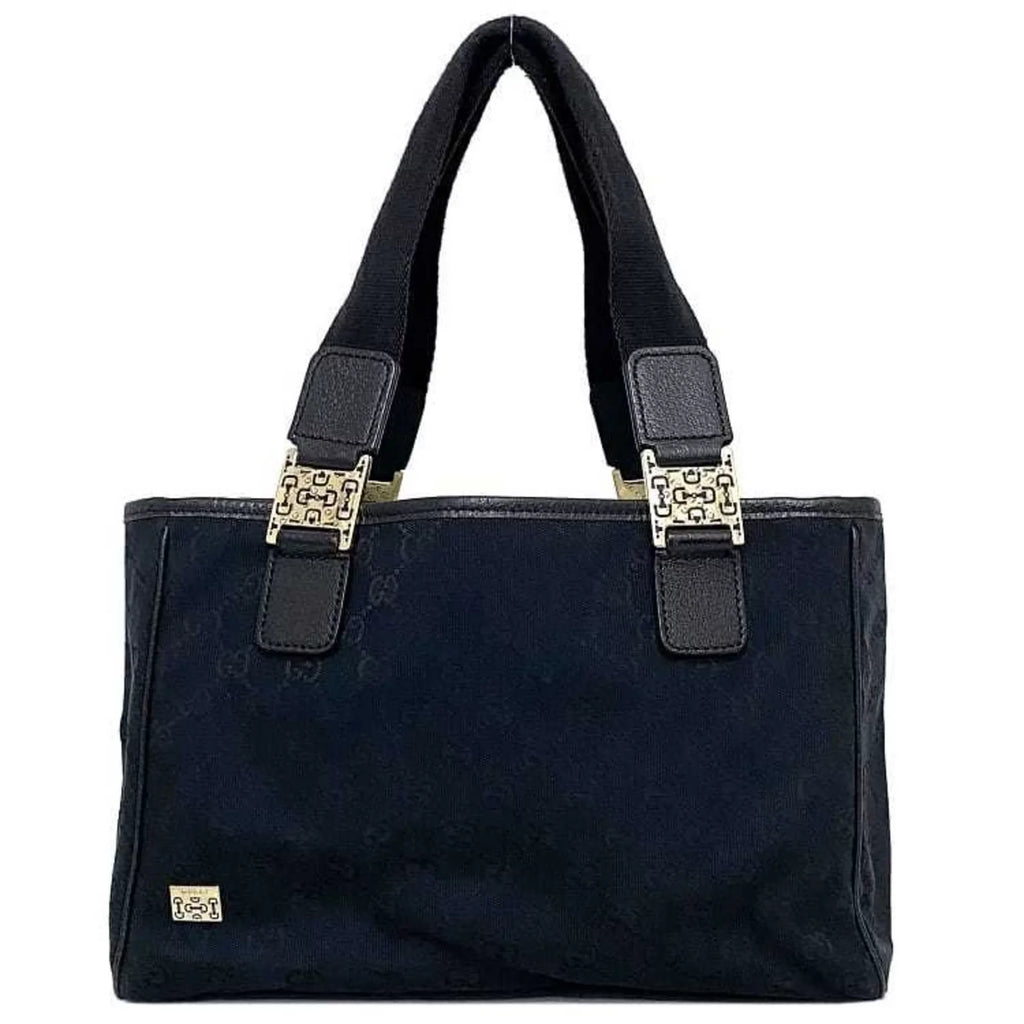 Pre-Owned Gucci Tote Bag Black Silver Horsebit 145810 Canvas Leather GUCCI Handbag Ladies (Good)