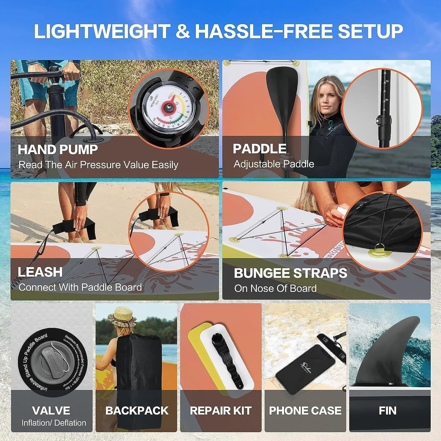 Deluxe Pink Inflatable Stand Up Paddle Board - Complete kit with multiple accessories and backpack for easy carrying - 27.55 - Experience stability and ease with our versatile paddle board!