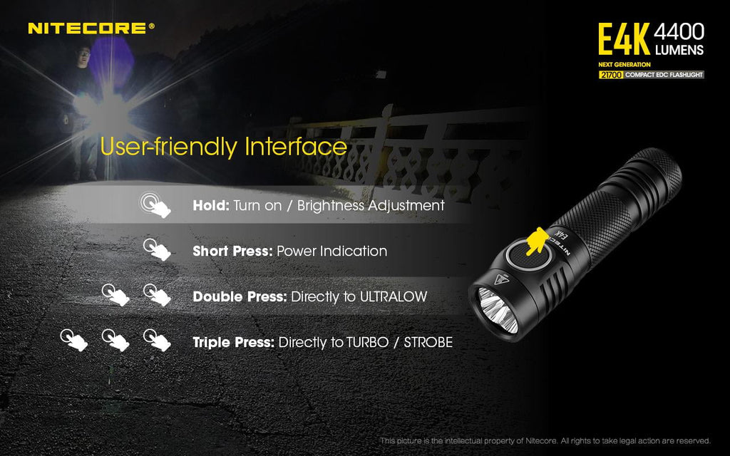 NITECORE E4K Next generation 21700 Compact EDC Flashlight -4400 Lumens - 1x NITECORE 21700 Rechargeable Li-ion Battery Included w/Eco-Sensa USB Fast 3Amp Wall Charger