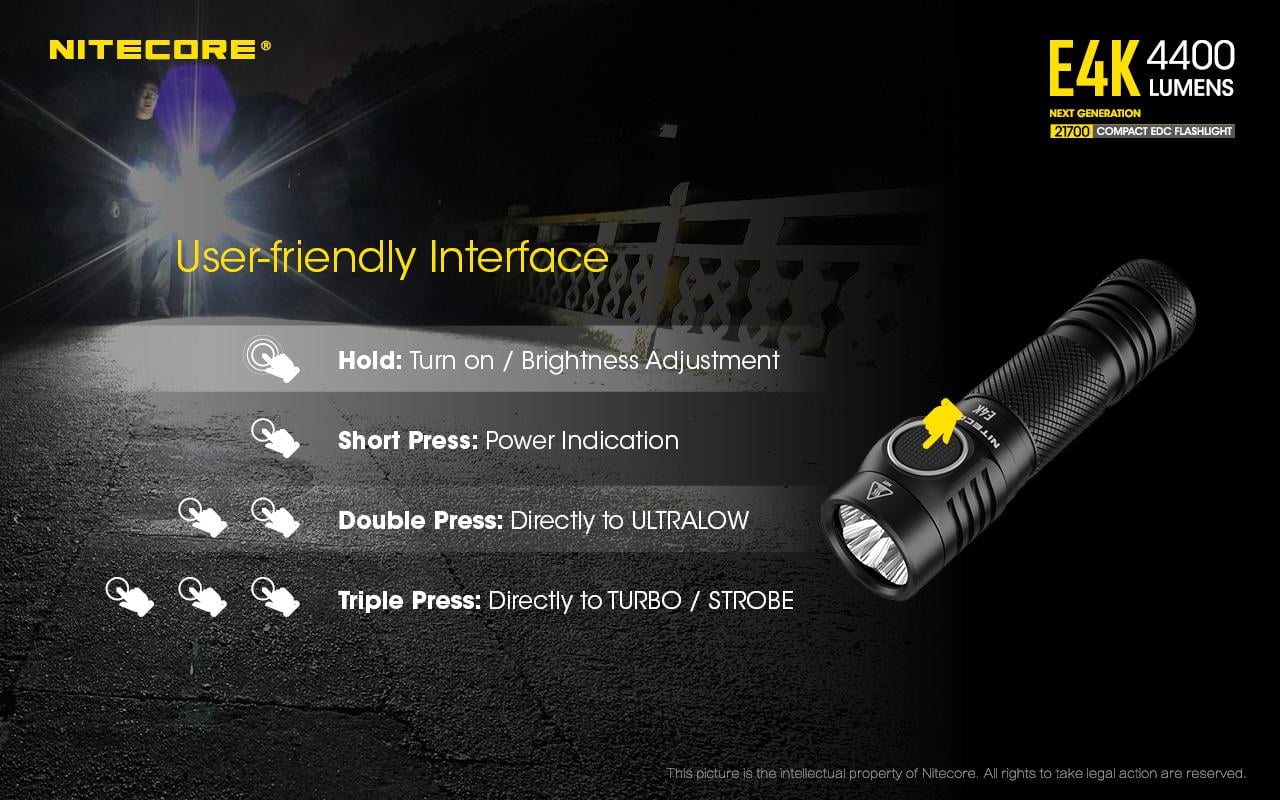 NITECORE E4K Next generation 21700 Compact EDC Flashlight -4400 Lumens - 1x NITECORE 21700 Rechargeable Li-ion Battery Included w/Eco-Sensa USB Fast 3Amp Wall Charger