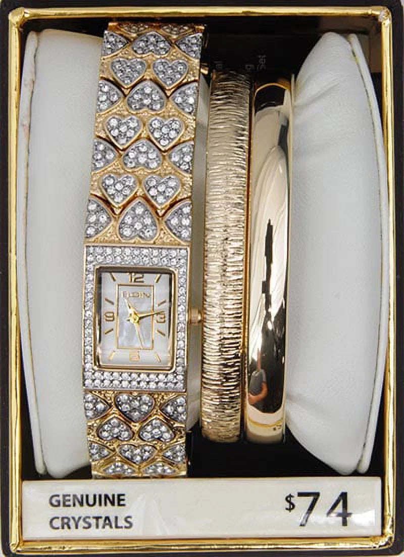 Elgin Adult Female Gold-Tone White MOP Round Crystal Double Bangle Watch Set (EG8012ST)