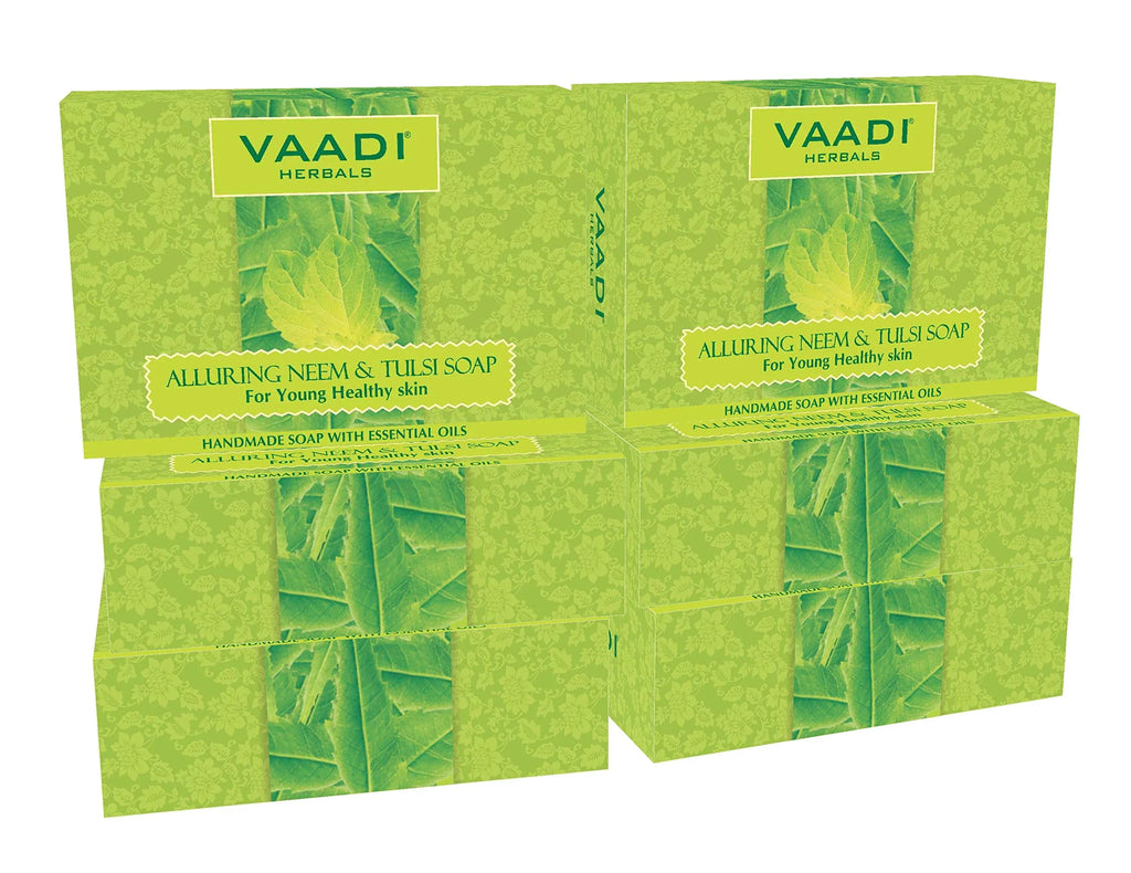 Vaadi Herbals Neem Tulsi Bar Soap With Tea Tree Oil - Handmade Herbal Soap With 100% Pure Essential Oils - All Natural - Each 2.65 Oz - Pack Of 6 (16 Oz)