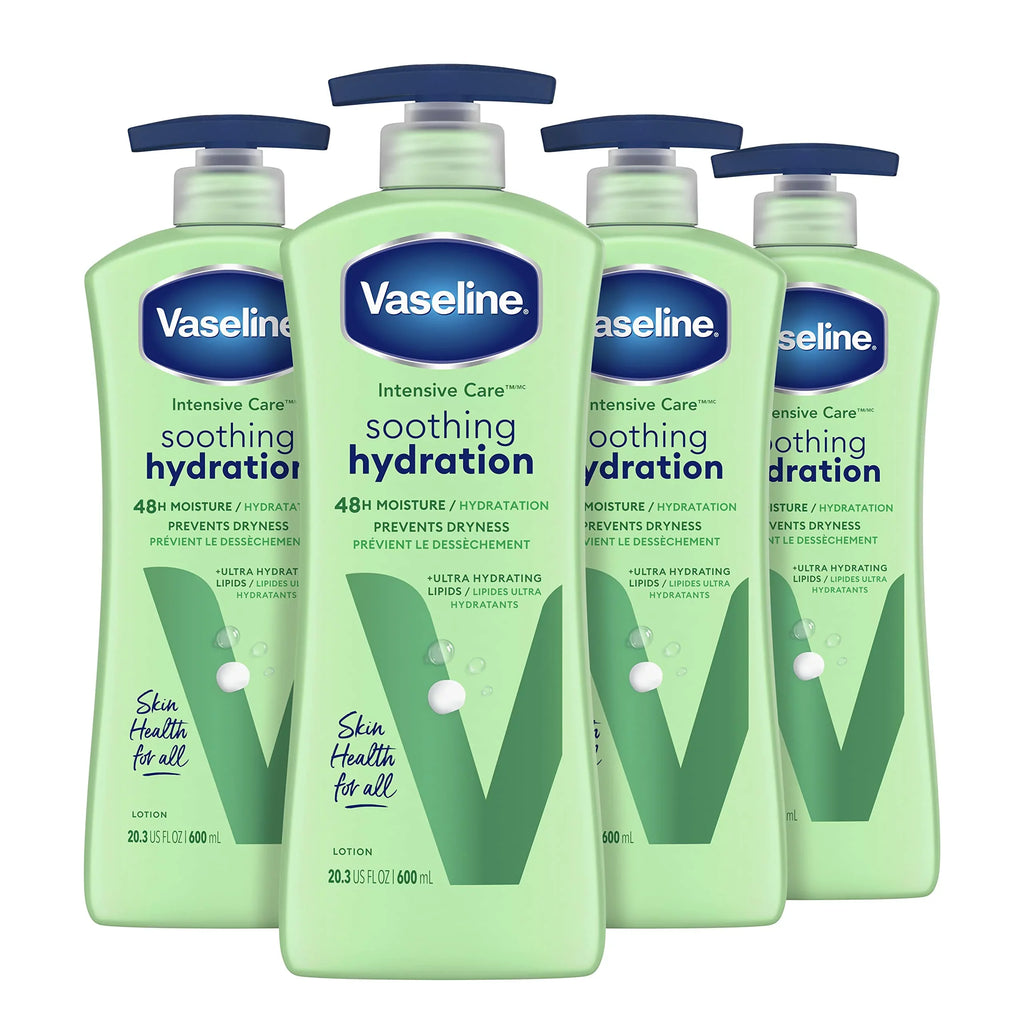 Vaseline Intensive Care Body Lotion Aloe Soothing Hydration 4 Ct For Dry Skin With Ultra-Hydrating Lipids + 1% Aloe Vera Extract 20.3 Oz.