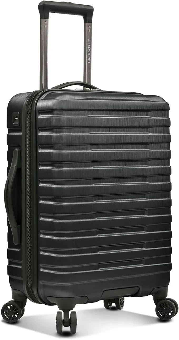 U.S. Traveler Boren Polycarbonate Hardside Rugged Travel Suitcase Luggage with 8 Spinner Wheels, Aluminum Handle, Black, Carry-on 22-Inch, USB Port