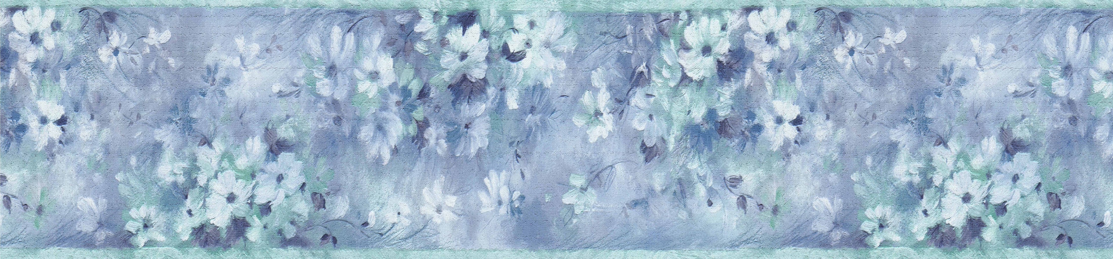 Dundee Deco's Peel and Stick Wallpaper Border - Abstract Blue Teal White Flowers Wall Border Retro Design, 15 ft x 7 in, Self Adhesive