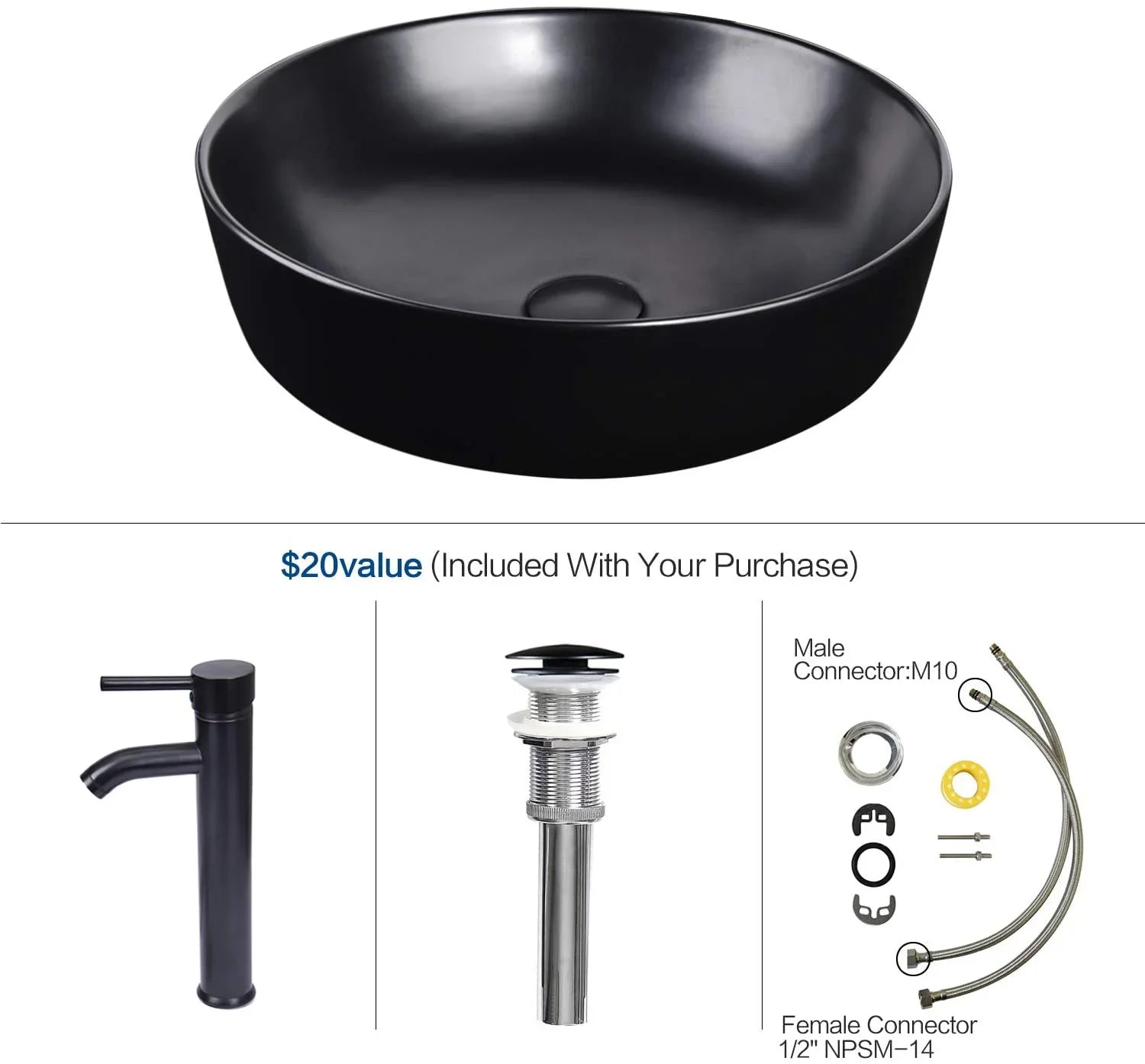 PULUOMIS Artistic Porcelain Ceramic Vessel Sink Basin Washing Bowl Set Cabinet Countertop Sink with Chrome Faucet Pop-up Drain and Water Pipe Lavatory