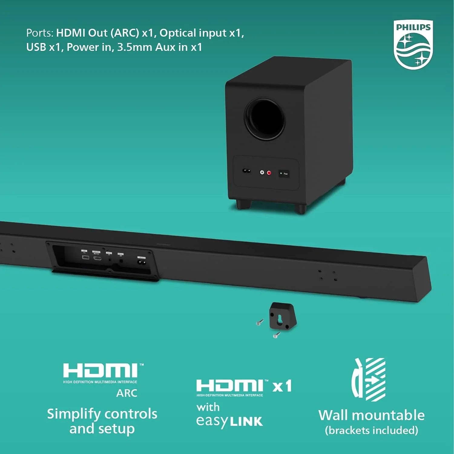 Philips B7568 5.1 Channel Soundbar w Wireless Subwoofer & Wired Surround Speakers