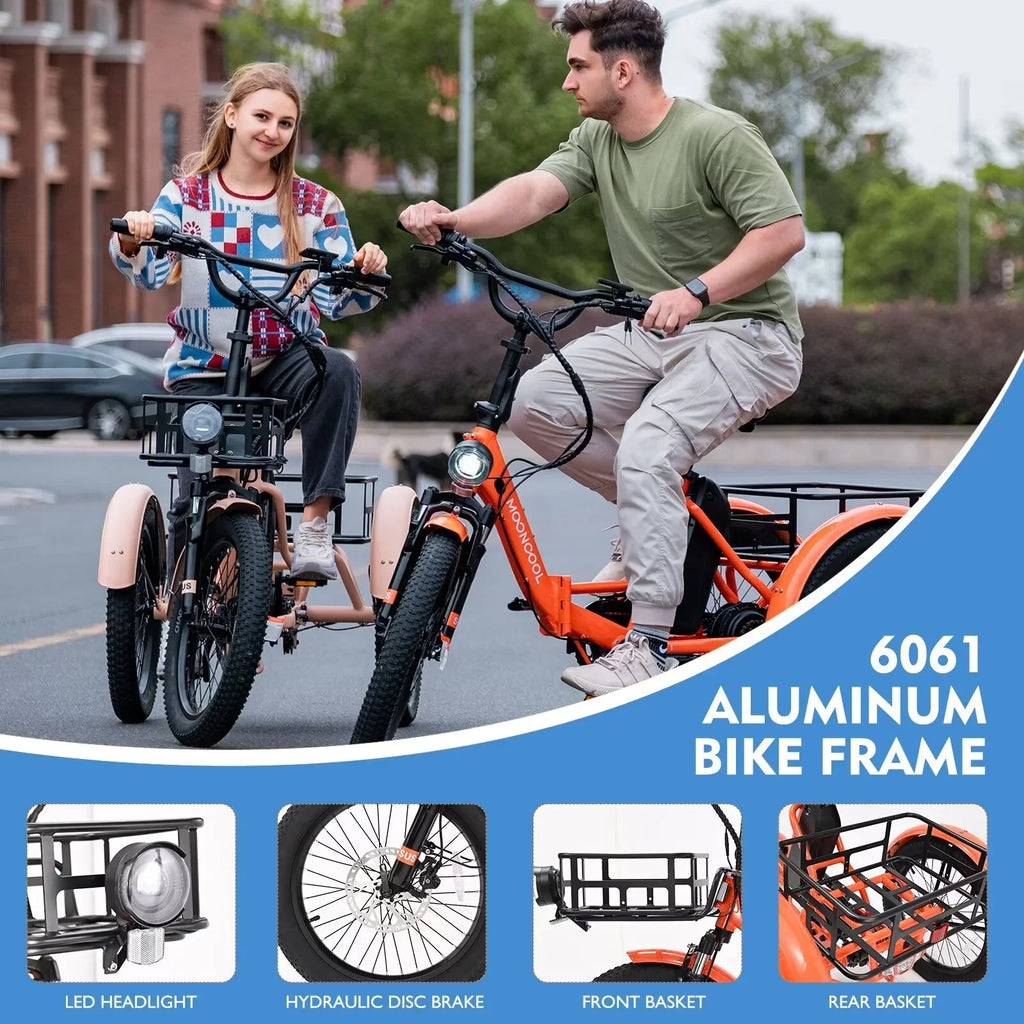 MOPHOTO 16MPH 500W 48V 14.5Ah 20" Electric Folding Tricycle for Women, Electric Motorized Tricycle Adult, Fat Tire 3 Wheel Electric Bikes, Step-Thru 1-Speed Electric Trike for Senior, Men