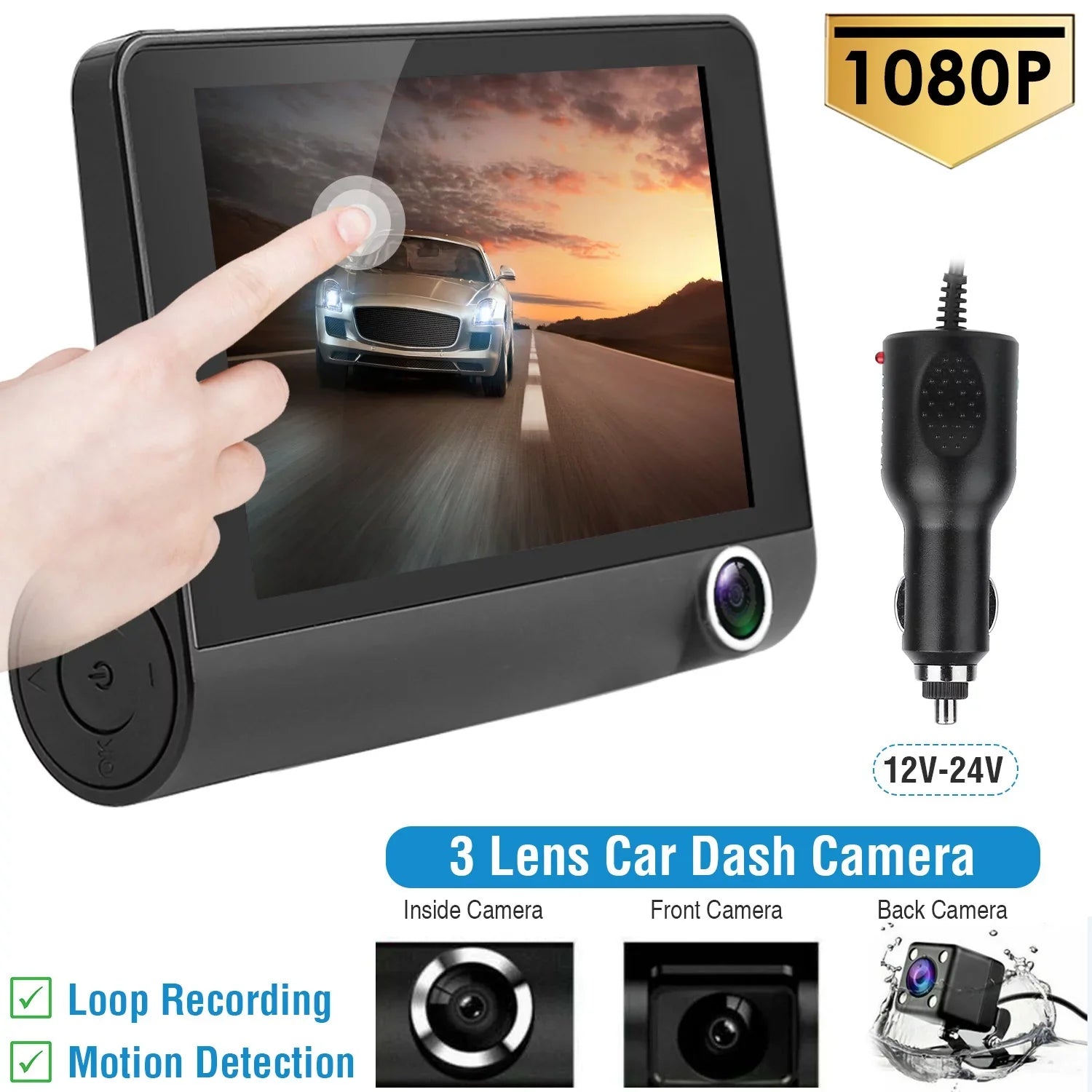 iMounTEK Dashboard Camera FHD 1080P 4in Touch Screen Car DVR Dash Camera 3 Lens Vehicle Driving Recorder Seamless Loop Recording with 19.68ft Rear Camera Wire, Black