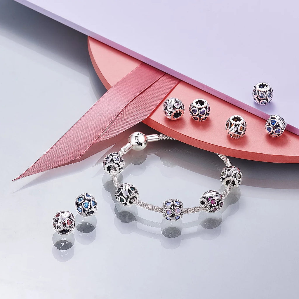 NINGAN February Birthstone Charms for Pandora Bracelets 925 Sterling Silver Love Heart Openwork Bead Charms