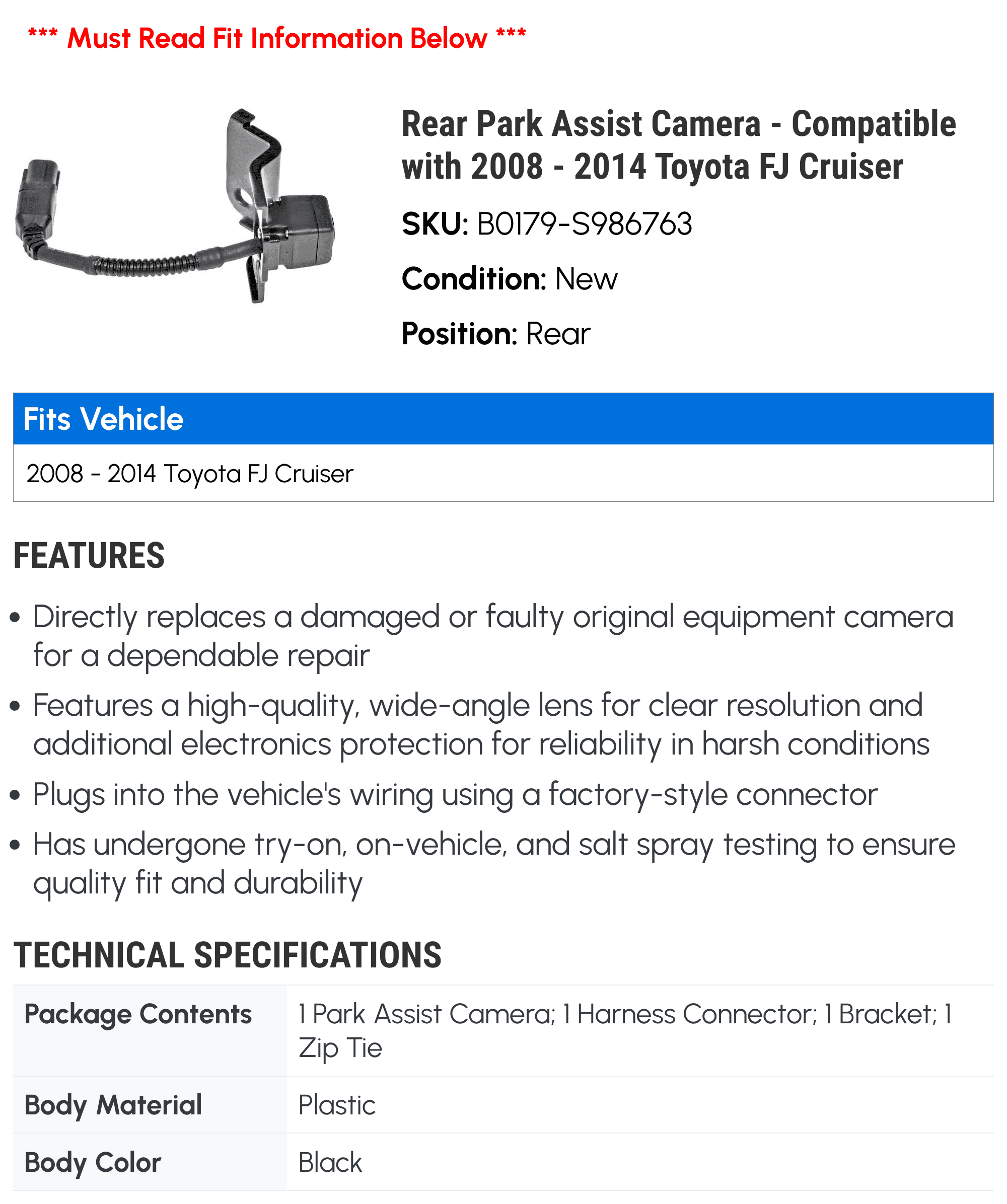 Rear Park Assist Camera - Fitting with 2008 - 2014 Toyota FJ Cruiser 2009 2010 2011 2012 2013