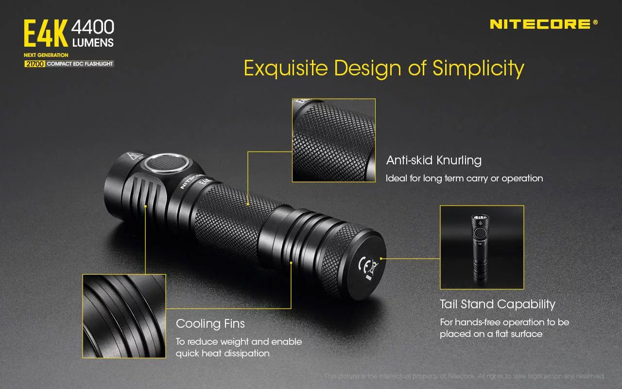 NITECORE E4K Next generation 21700 Compact EDC Flashlight -4400 Lumens - 1x NITECORE 21700 Rechargeable Li-ion Battery Included w/Eco-Sensa USB Fast 3Amp Wall Charger