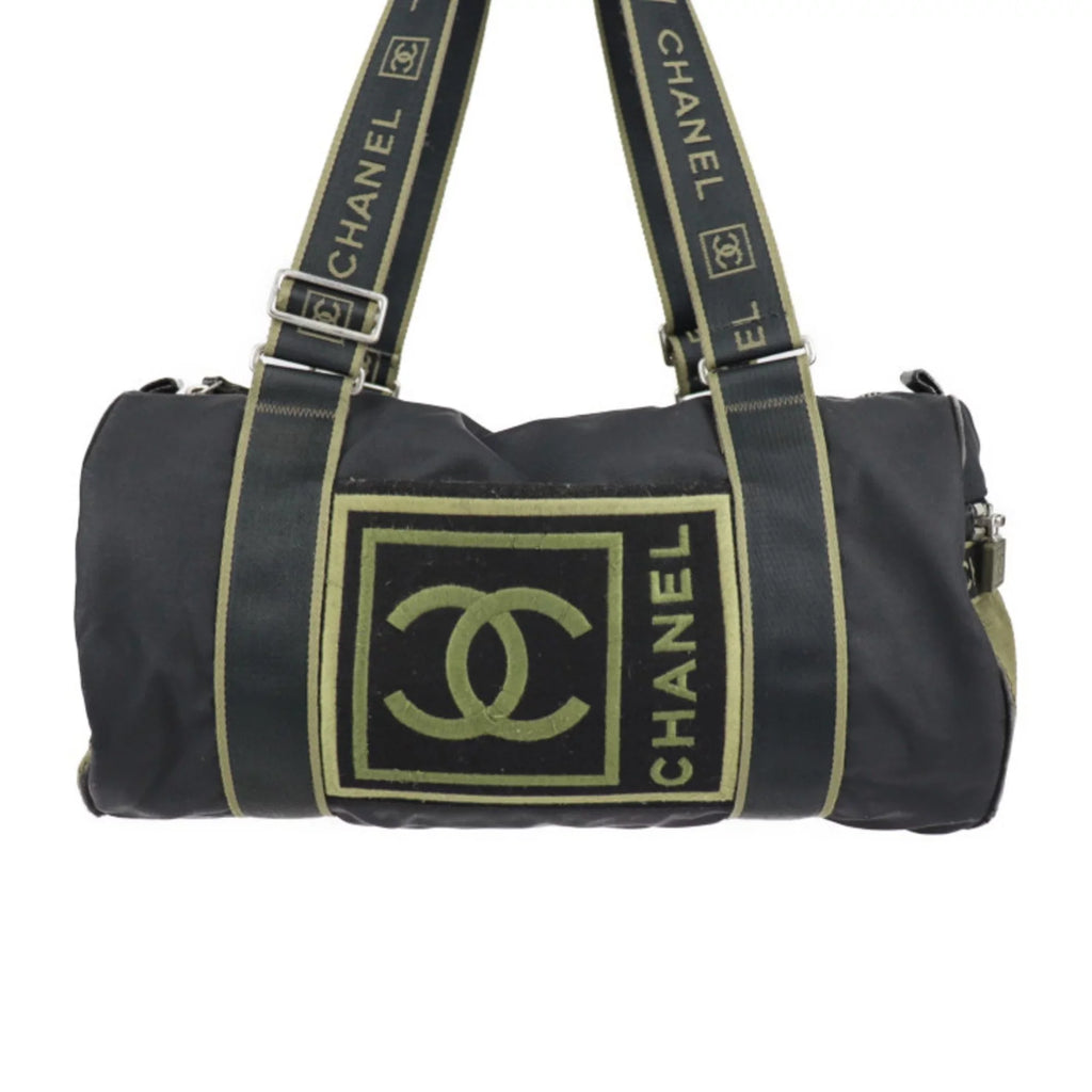 Pre-Owned CHANEL Chanel Sport Line Boston Bag Nylon Canvas Black Khaki Green Shoulder Travel Cocomark 10 Series Round Cylindrical (Fair)