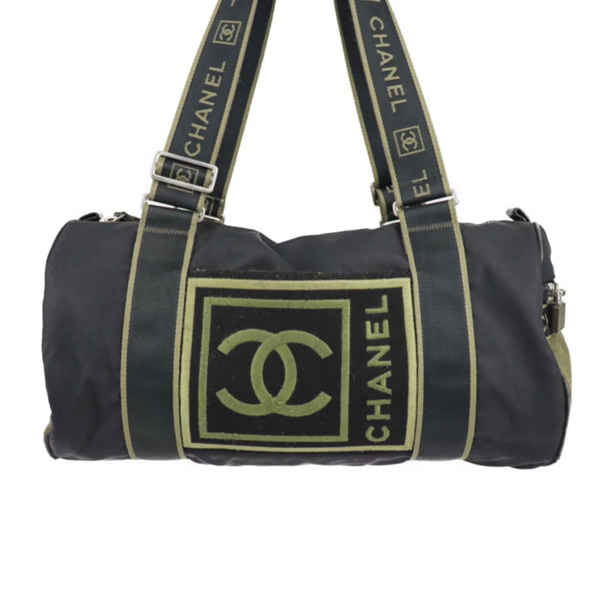 Pre-Owned CHANEL Chanel Sport Line Boston Bag Nylon Canvas Black Khaki Green Shoulder Travel Cocomark 10 Series Round Cylindrical (Fair)
