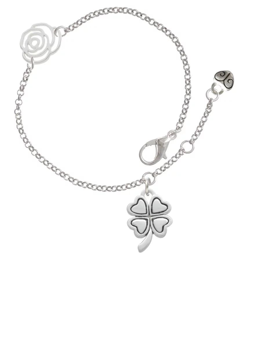 Delight Jewelry Silvertone Antiqued Four Leaf Clover Silver-tone Rose Link Chain Bracelet, 6.25"+1.75" Extender