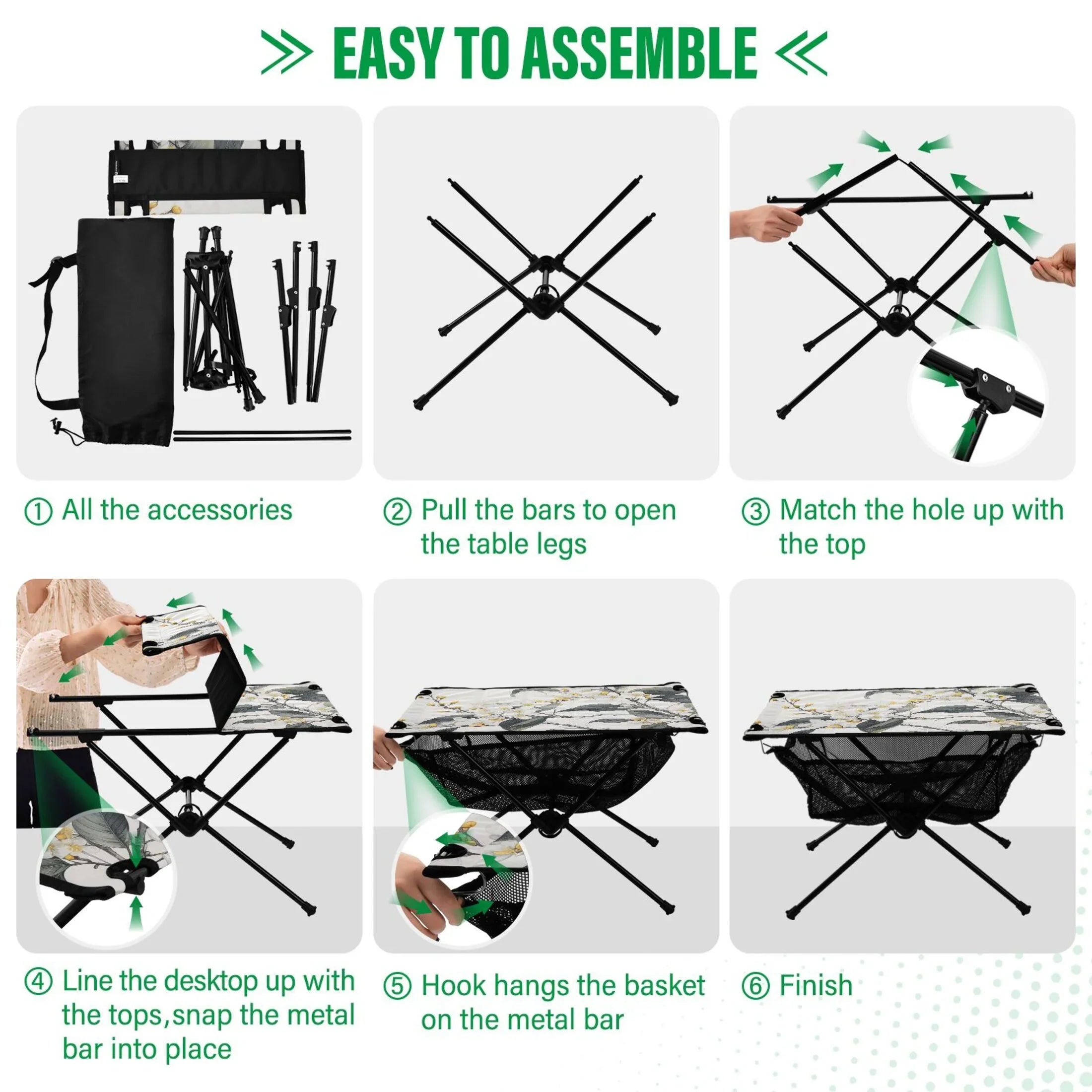 Blooming Jasmine Flowers Camping Foldable Portable Table Beach Table with Storage Bag Compact Picnic Table for Outdoor Hiking Fishing BBQ