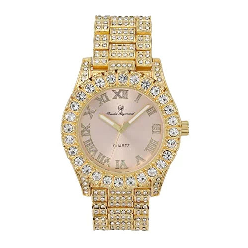 Women's Big Rocks Bezel Colored Dial with Roman Numerals Fully Iced Out Watch w/Matching Bling'ed Out Tennis Bracelet - ST10327LA (TLA Gold - Blush)