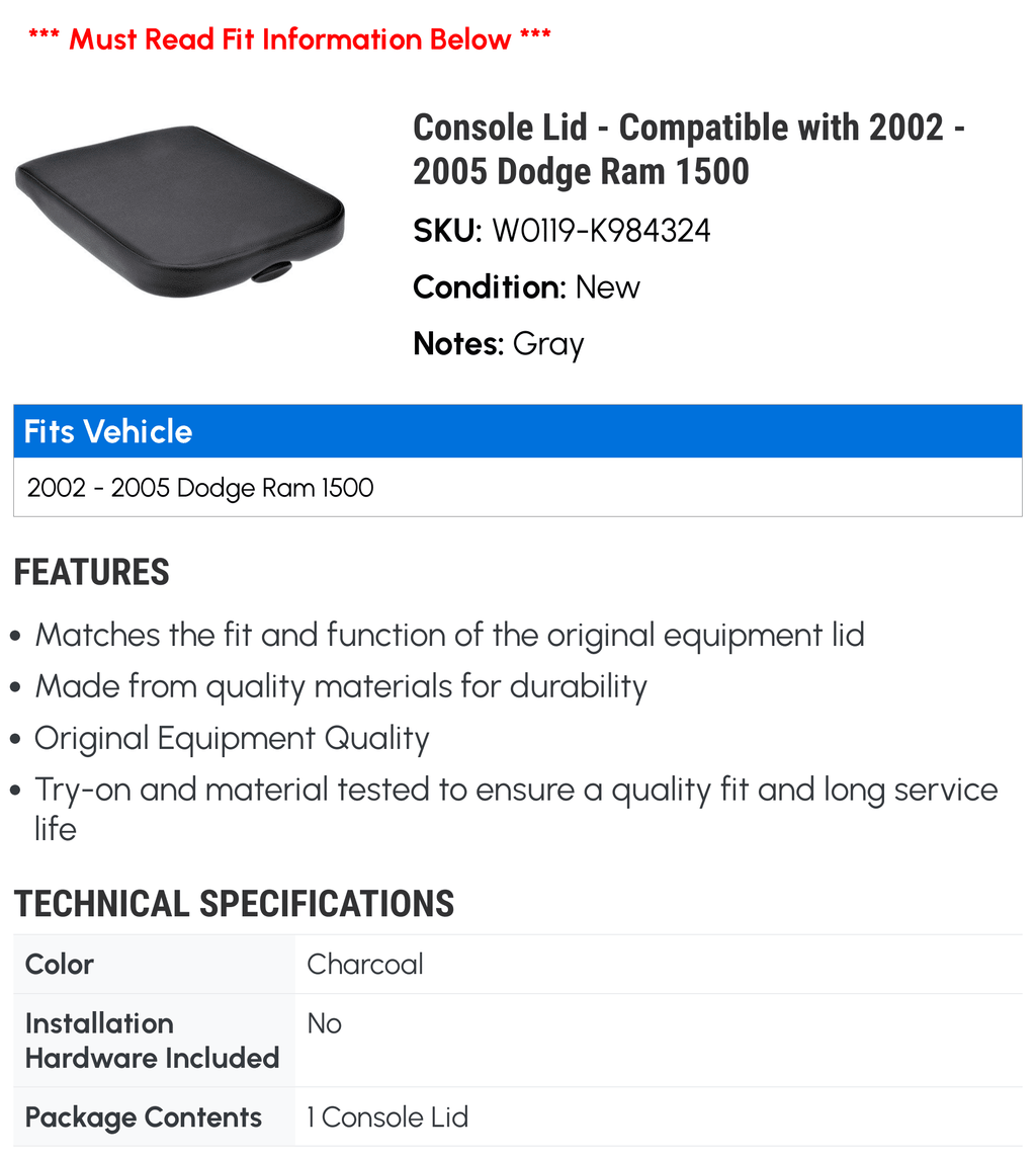 Console Lid - Fitting with 2002 - 2005 Dodge Ram 1500 2003 2004
