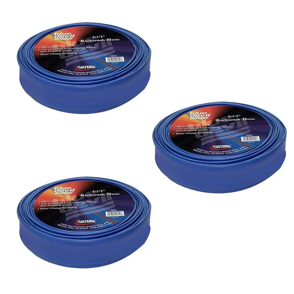 Blue Devil Pool Backwash Hose 1-1/2" X 100' with Hose Clamp 22 mil hose 3 Pack