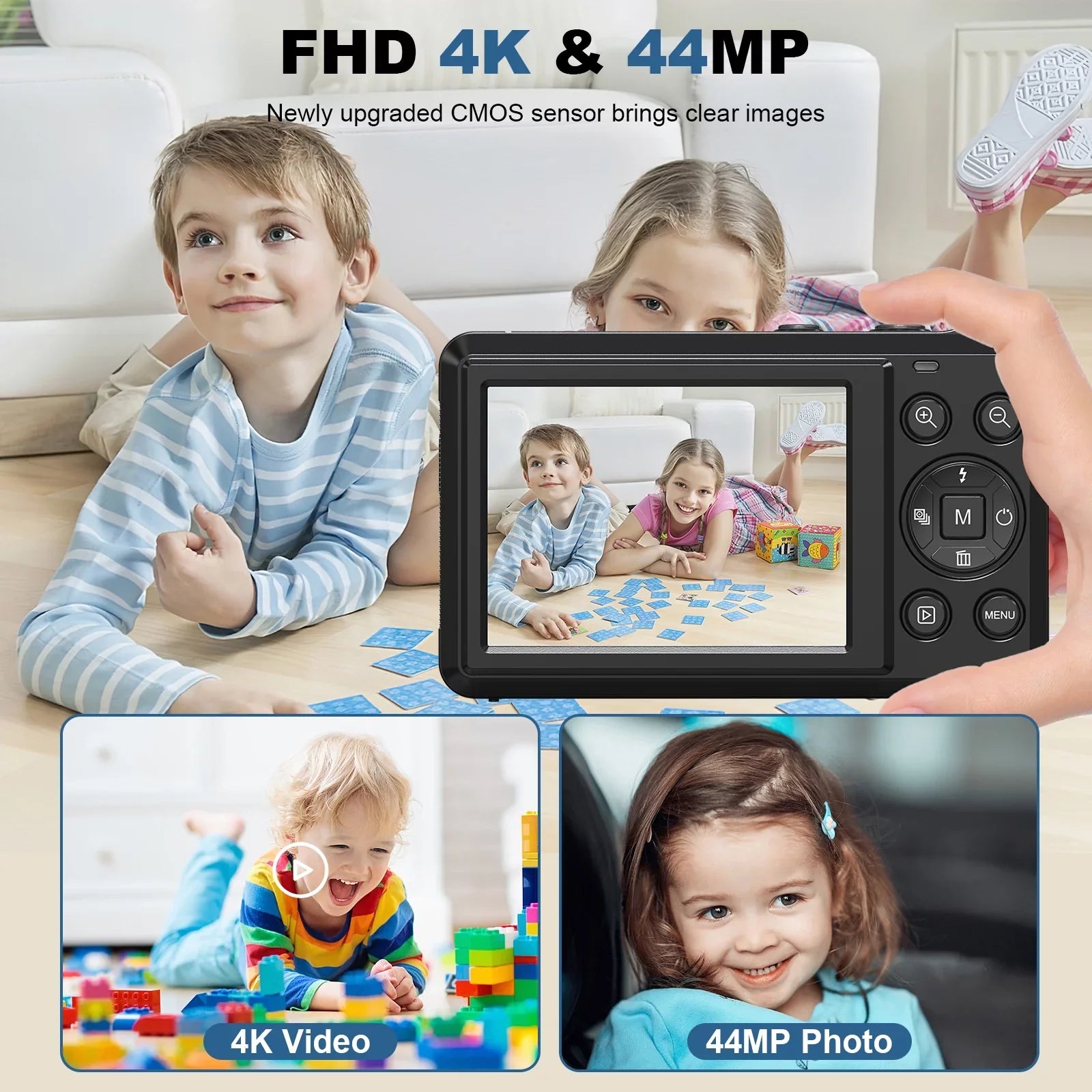 SEREE Digital Camera 4K Compact Camera with 44MP 16X Digital Zoom, 2.4'' Autofocus Portable Point and Shoot Digital Cameras with 32GB SD Card and 2 Batteries