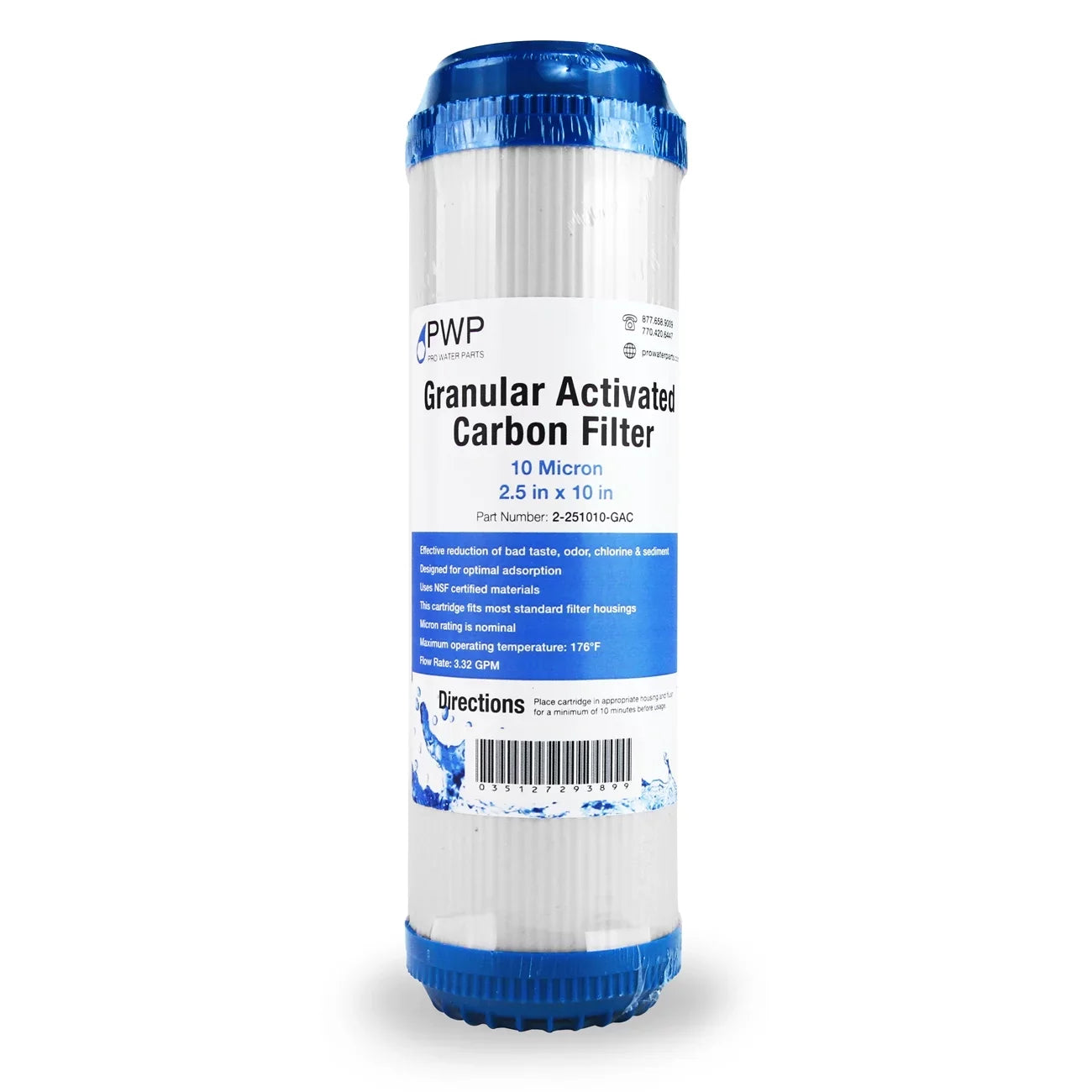 Granular Activated Carbon Water Filter Cartridge 2.5 x10" 10 Micron 25 pack