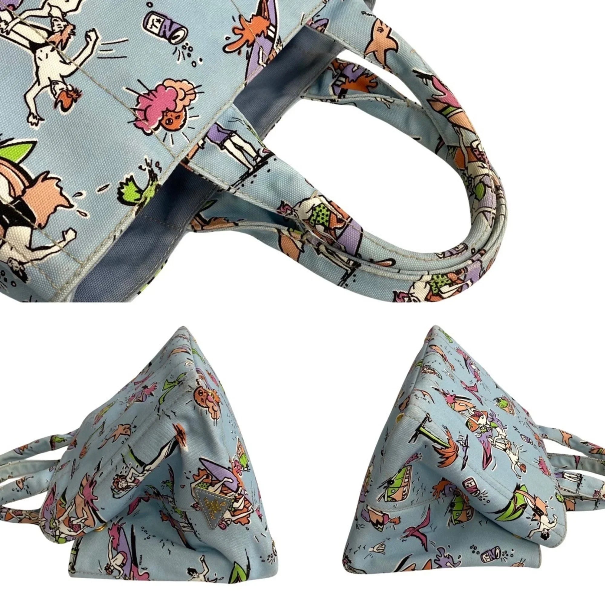 Pre-Owned PRADA Prada Triangle Canapa Surfing Pattern Canvas Handbag Tote Bag Blue Multicolor 25905 (Good)