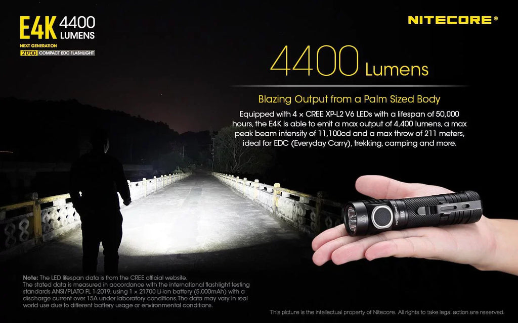 NITECORE E4K Next generation 21700 Compact EDC Flashlight -4400 Lumens - 1x NITECORE 21700 Rechargeable Li-ion Battery Included w/Eco-Sensa USB Fast 3Amp Wall Charger