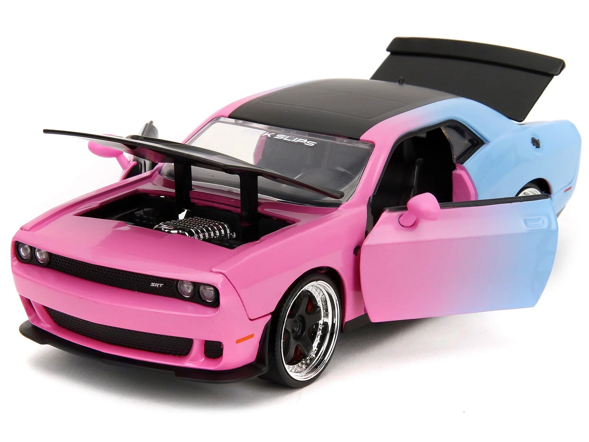 2015 Dodge Challenger SRT Hellcat Pink and Blue Gradient with Matt Black Hood and Top "Pink Slips" Series 1/24 Diecast Model Car by Jada