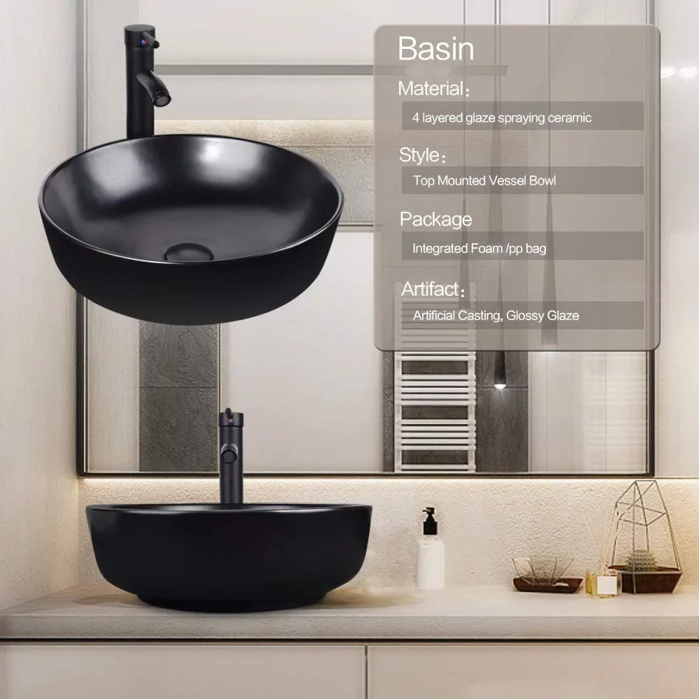 PULUOMIS Artistic Porcelain Ceramic Vessel Sink Basin Washing Bowl Set Cabinet Countertop Sink with Chrome Faucet Pop-up Drain and Water Pipe Lavatory