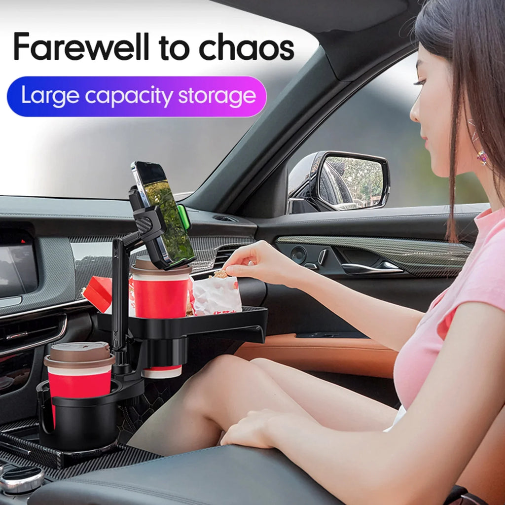 OWSOO Car Cup Holder, Multifunctional Expander with 360° Rotation Tray, Mobile Phone Holder, Adjustable Base, Auto Front Back Seat Organizer, Size S, Convenient for Car Travel