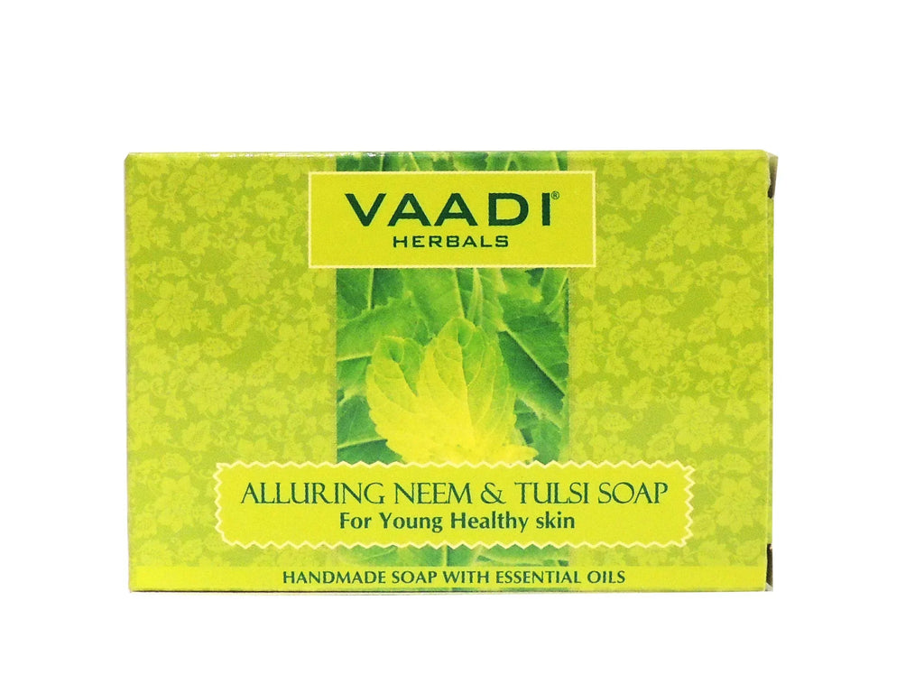 Vaadi Herbals Neem Tulsi Bar Soap With Tea Tree Oil - Handmade Herbal Soap With 100% Pure Essential Oils - All Natural - Each 2.65 Oz - Pack Of 6 (16 Oz)